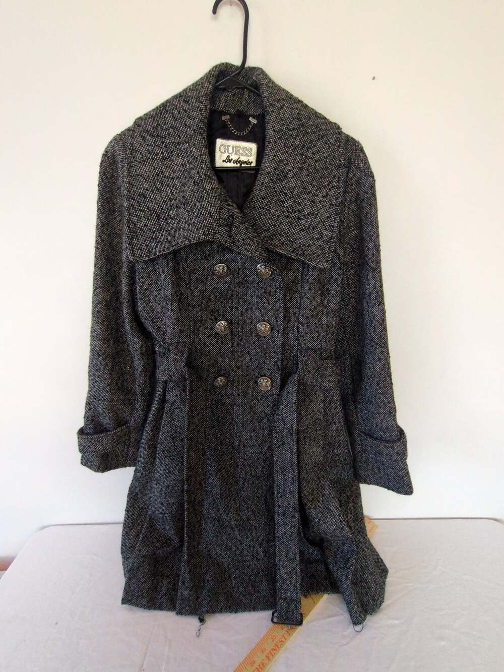 Guess Los Angeles Women's Gray Wool Tweed Double Breasted Belted Pea Coat Jacket
